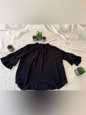 Ann Taylor Gold Small Dots Navy Blue Tier Ruffle Sleeves Blouse XL